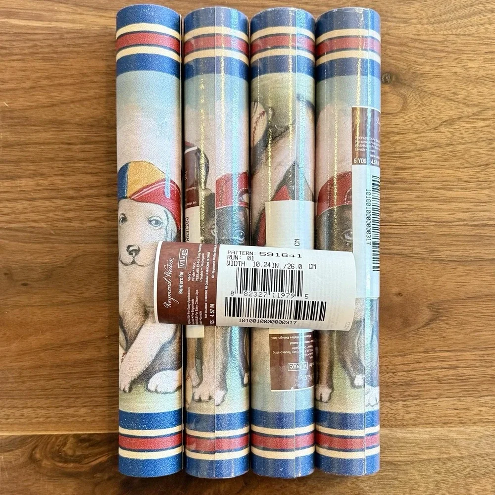 NEW! 4 Rolls VTG 20yds Raymond Waites Wallpaper Border Baseball Cap Dogs Puppies
